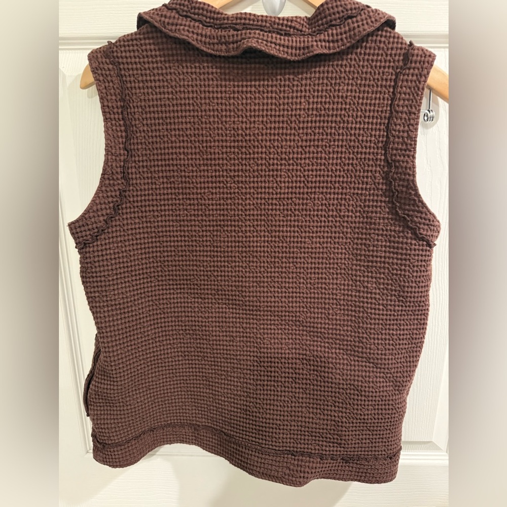 Brown Sleeveless Waffle knit Wood Button-Up Vest Cotton summer festival Size S - Picture 4 of 6